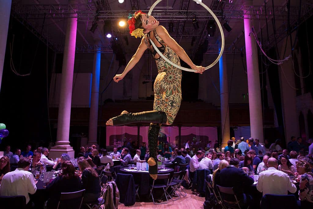 Charity quiz aerialist on hoop at Circomedia