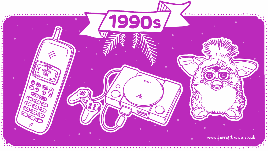 Tech gifts from the 1990s - mobile phone, Playstation, Furbie
