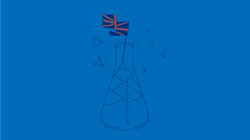 A scientific beaker with a flag of the United Kingdom inside