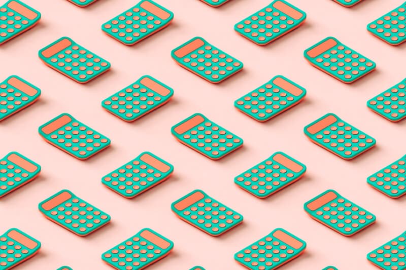 pattern of 3d green and pink calculators on a pink background.