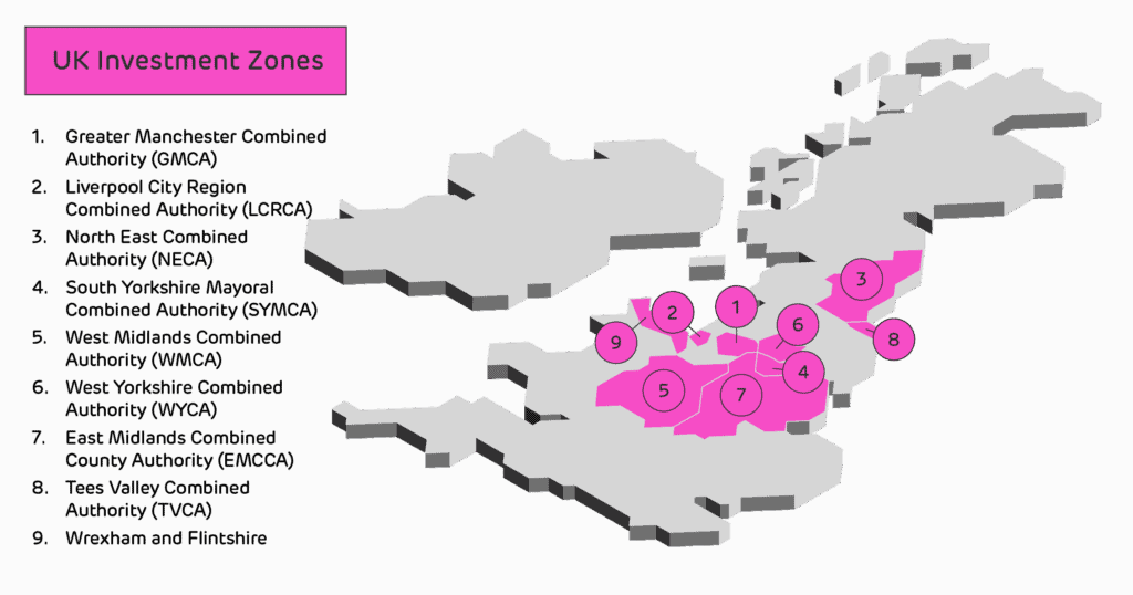illustrated map of UK investment zones 2025